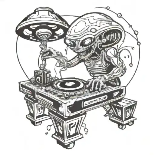 Alien Dj Playing On A Psychedelic Stage Decorated In The Style Of A Ufo