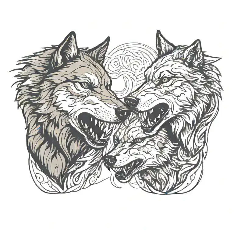 Side Profile Of Two Wolves Snarling At Eachother Face To Face