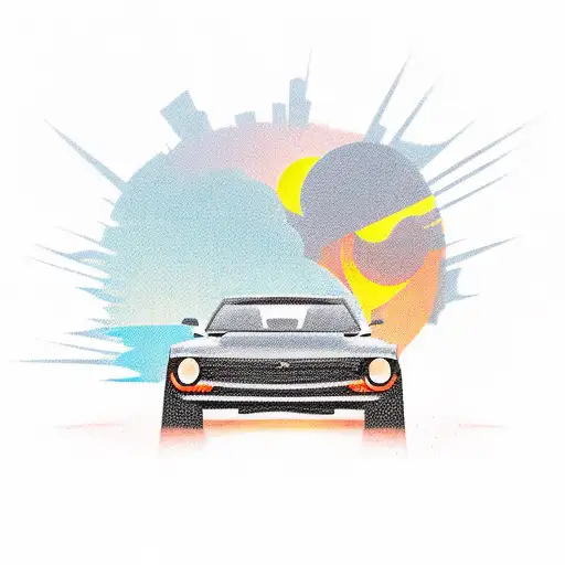 A Car Drives At Sunset