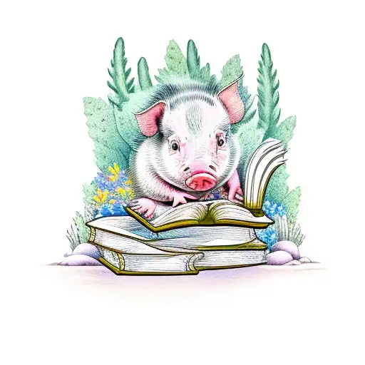 A Whimsical Scene Of A Piglet Reading A Book Surrounded By Wildflowers