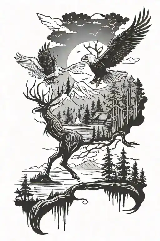 Forest And Lake With A Deer And A Bald Eagle Soaring
