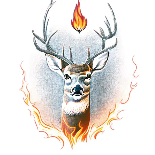 A Realistic Tattoo Of A Deer Standing In Front Of A Flaming Heart