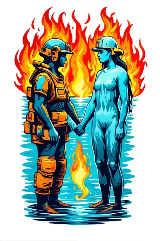 Fire Person And Water Person Silhouettes Holding Hands Holding Each Other