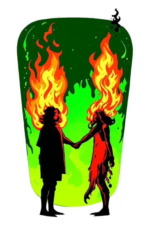 Fire Person And Water Person Silhouettes Holding Hands Holding Each Other