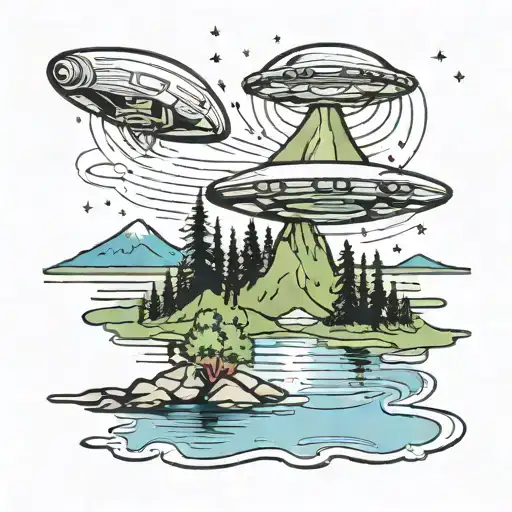 A Camper Gazing Up At A Ufo In The Night Sky Over A Mountain Lake