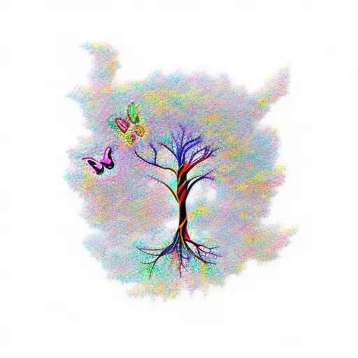 A Vibrant And Colorful Butterfly Morphing Into The Branches Of A Tree Of Life