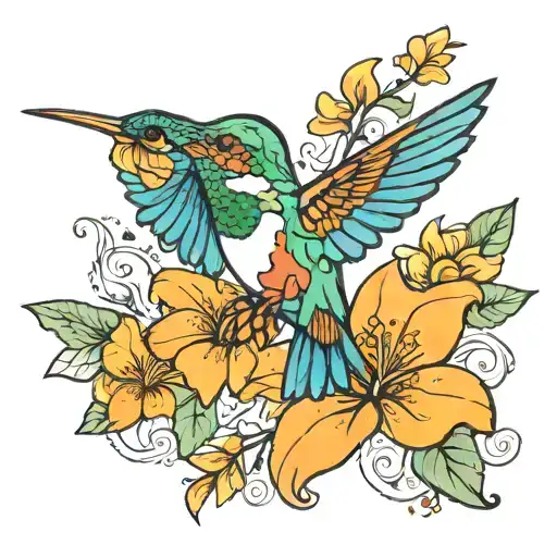 Colorful Hummingbird Hovering Above Orange Flower