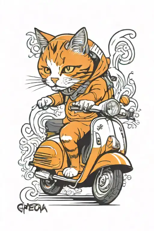White And Orange Cat Riding White Vespa Primavera