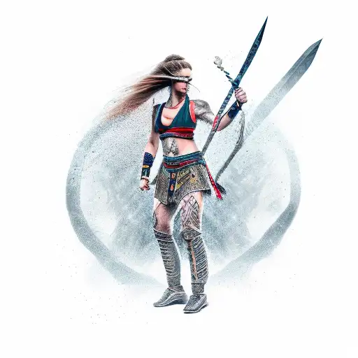 Strong Caucasian Warrior Full Body Woman In A Fighting Stance With Long Messy Dreadlocks