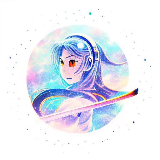 Galactic Space Anime Girl Samurai With A Sword On A Background Of Swirling Galaxies