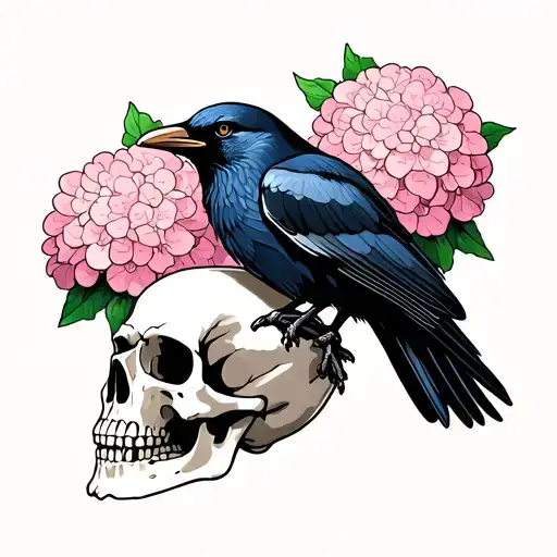 Black Crow Sitting Amongst A Skull And Pink Hydrangeas In Bloom