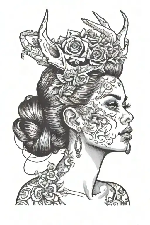 Women Portrait With Hornes Tattoo Sketch