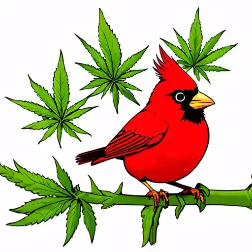 Cardinal Perched On The Stem Of A Cannabis Plant