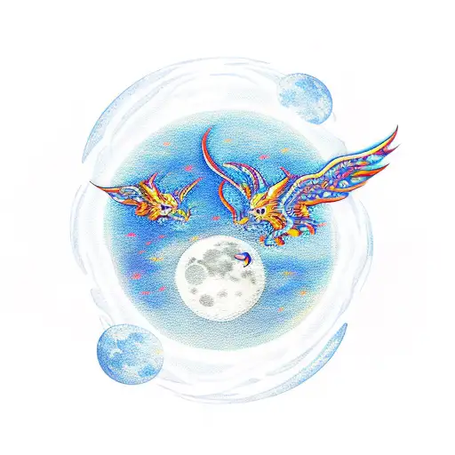 Moon With Dragons Flying Around