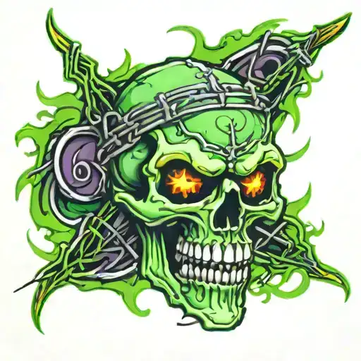 Skull With Fangs Wrapped In Barb Wire And Green And Pupple Flames In The Background