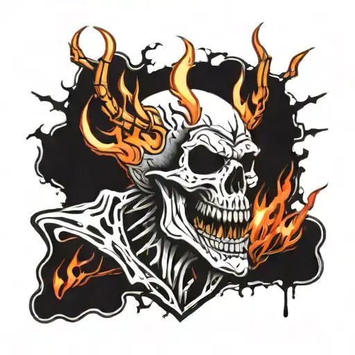 Skull With Fangs Wrapped In Barb Wire And Flames In The Background