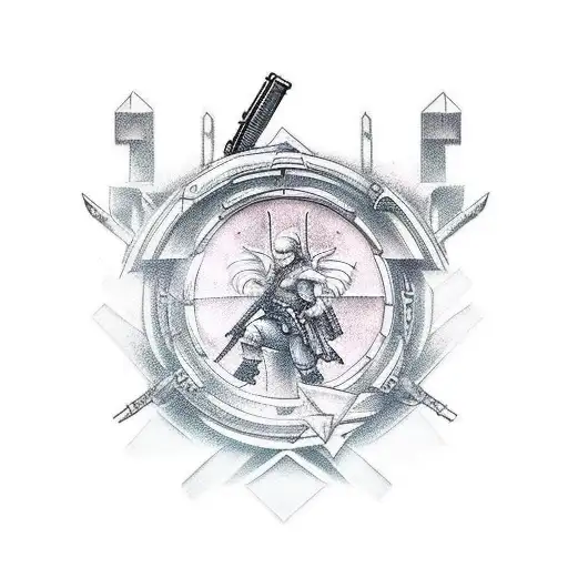 A Tattoo Design Of A Gun With Final Fantasy Inspired Symbols And Characters