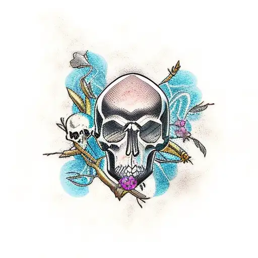 A New-school Style Tattoo Of A Designer's Interpretation Of A Nature Scene Incorporating Skulls