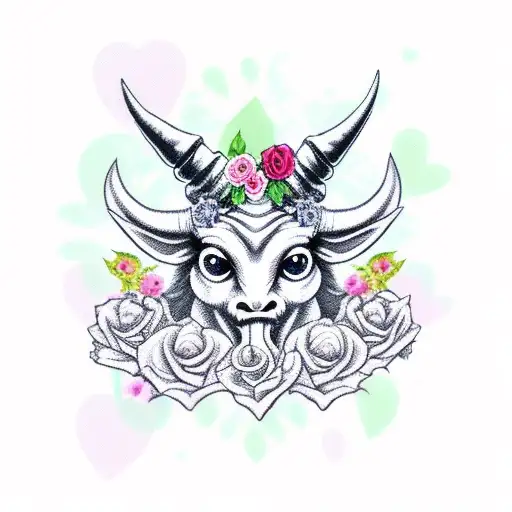 Cute Baphomet On A Background Of Roses And Hearts