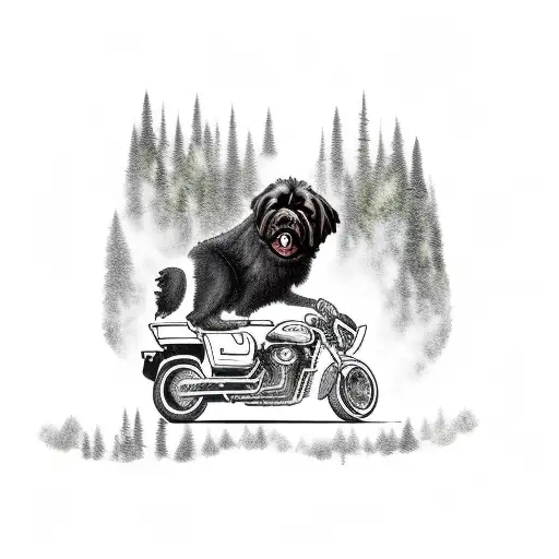 A Realistic Portrait Of A Newfoundland Dog Riding A Motorcycle Through A Forest
