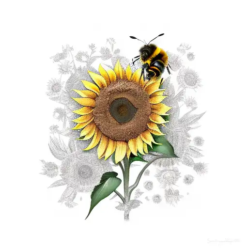Sunflowers With Bee And Folliage