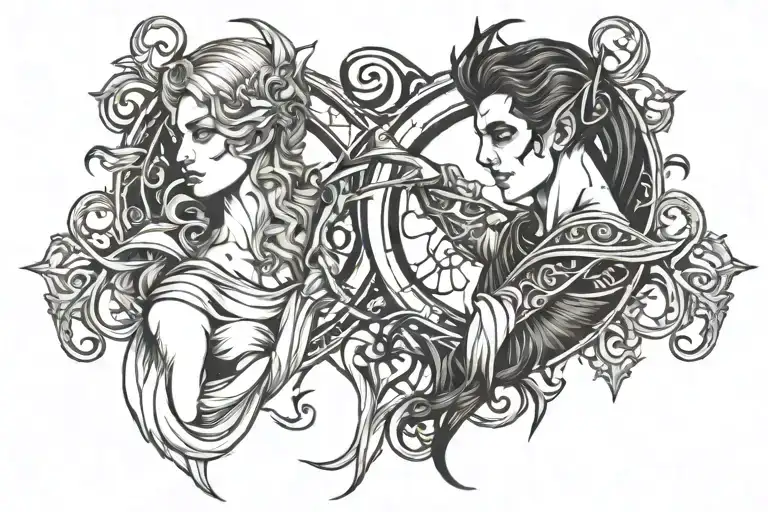 A Gothic-inspired Tattoo Of A Gemini And Sagittarius Intertwined In A Blackwork Style