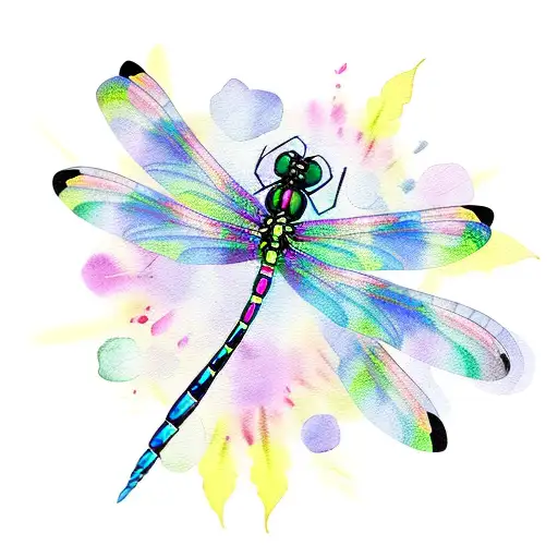 Watercolor Dragonfly With Intricate Black Striped Wings Surrounded By Colorful Flowers