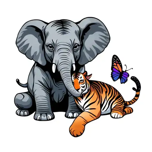 Elephant Sitting Next To A Tiger And Butterfly Resting