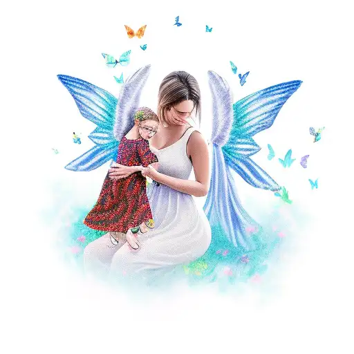 Angel Mother Hold Daughter With Butterflies