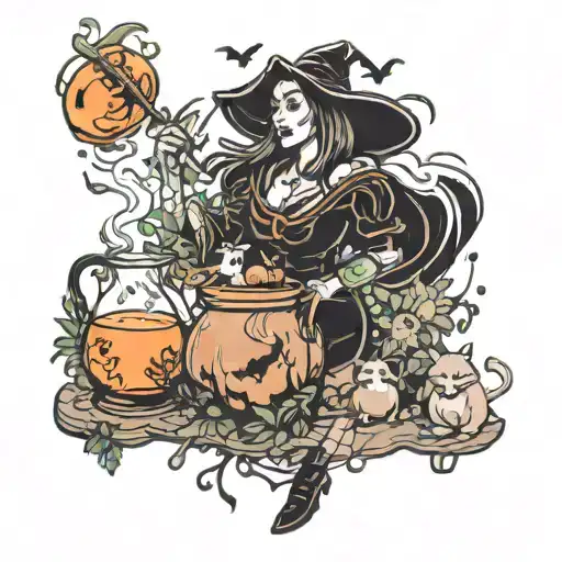 A Witch Brewing A Magical Potion Surrounded By Animals And Nature Elements