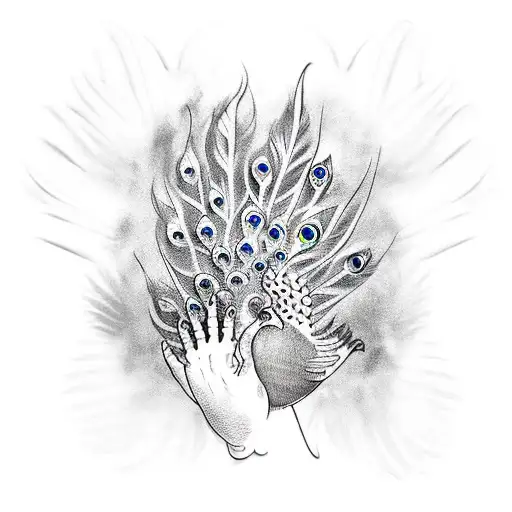 Hand Tattoo With Peacock Body On Back Of Hand And Tail Feathers On The Fingers