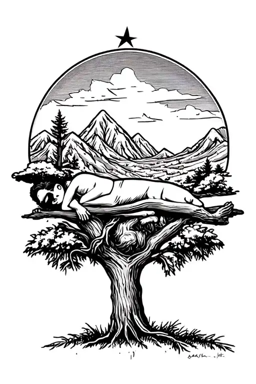 Mexican Sleeping On Mesquite Tree With Mountains In The Back And 5 Point Star In The Mountain