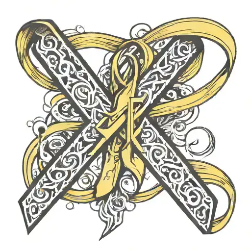 A Yellow Cancer Ribbon Intertwined With A Stylized Letter X Spelling Out The Name Xander