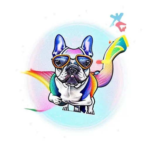 A French Bulldog Riding A Vespa Through A Rainbow
