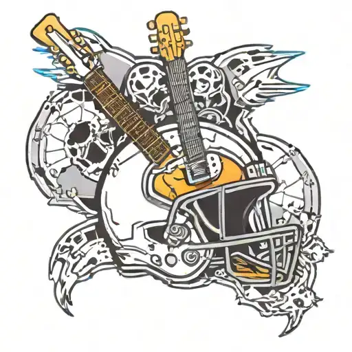 A Punk Rock Themed Tattoo Incorporating A Football Helmet And A Guitar