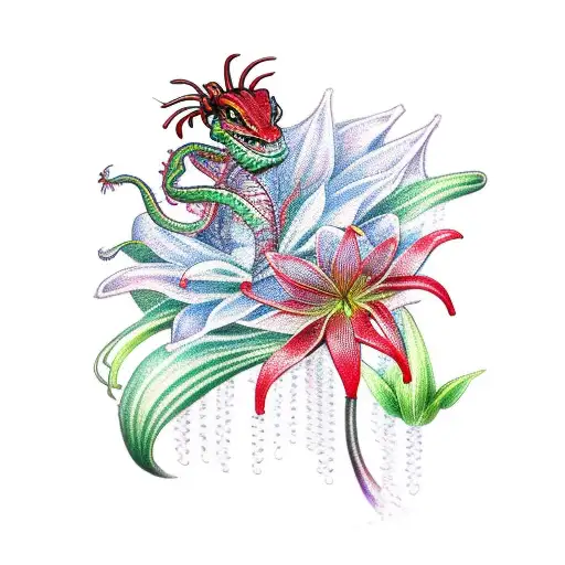 A Water Dragon With A Red Spider Lily And The Lily Of The Valley