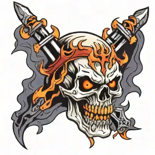 Fiery-eyed Demon Skull With Crossed Army Sabers Behind