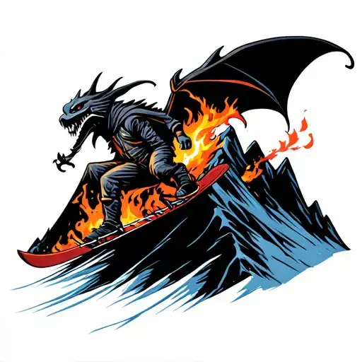Grim Reaper Skiing A Mountain On Fire Breathing Dragon
