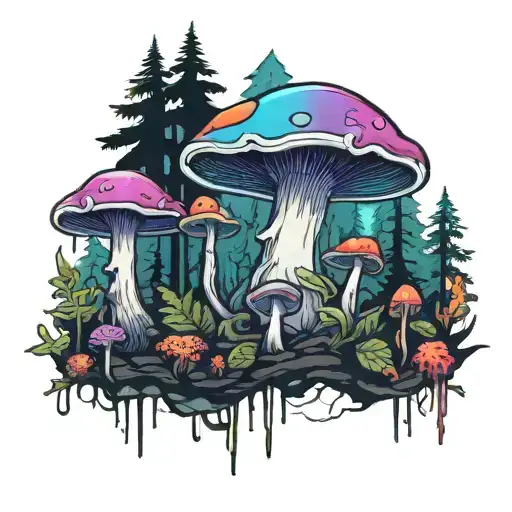Colorfull Mushrooms Inside The Dark Forest Scene