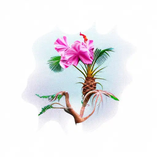 Skinny Palm Tree With Rose Of Sharon Roots