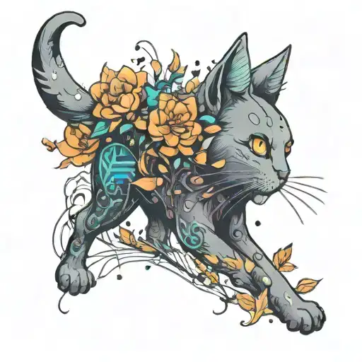 A Cosmic Cat Exploring A Galaxy Filled With Blooming Flowers And Towering Trees