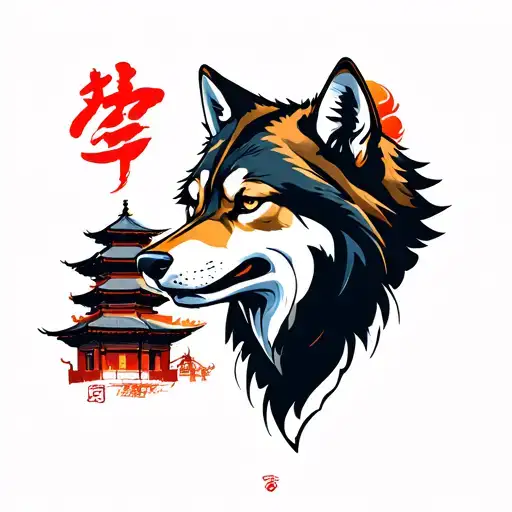 A Wolf With A Rapper And Chinese Temples Background