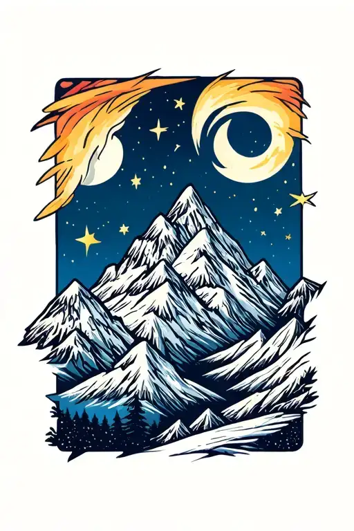 Mountain In A Clear Night Sky With Stars And Moon Surrounded