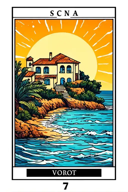 Modern Sun Tarot Card Featuring Mediterranean House And Ocean In Foreground