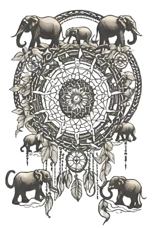 Line Of Elephants Leading One Another In A Dream Catcher