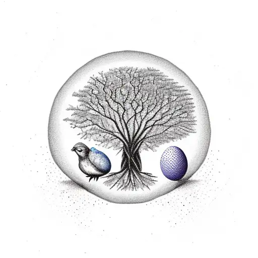 Tree With Mother Bird And Father Bird With A Nest That Has Two Eggs In It