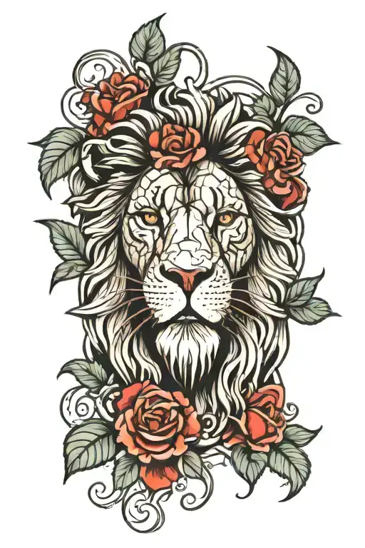 Lion With Geraniums And Ruby Eyes Looking