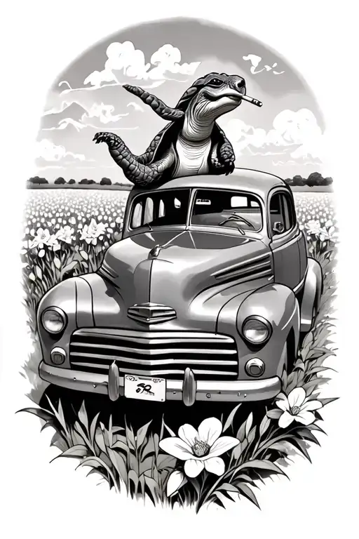 Turtle Driving An Old Car In A Field Of Orchids Cigarette In The Mouth