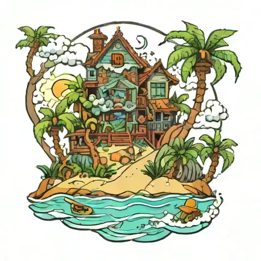 A Trippy Scenery Tattoo Of A Beach Scene With Hidden Symbols Representing Inner Demons And Family