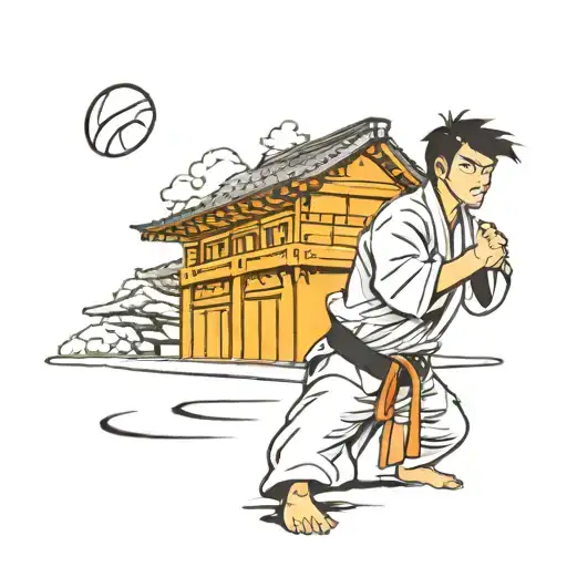 Black Belt Karateka In A Respectful Position With A Japanese House In The Background